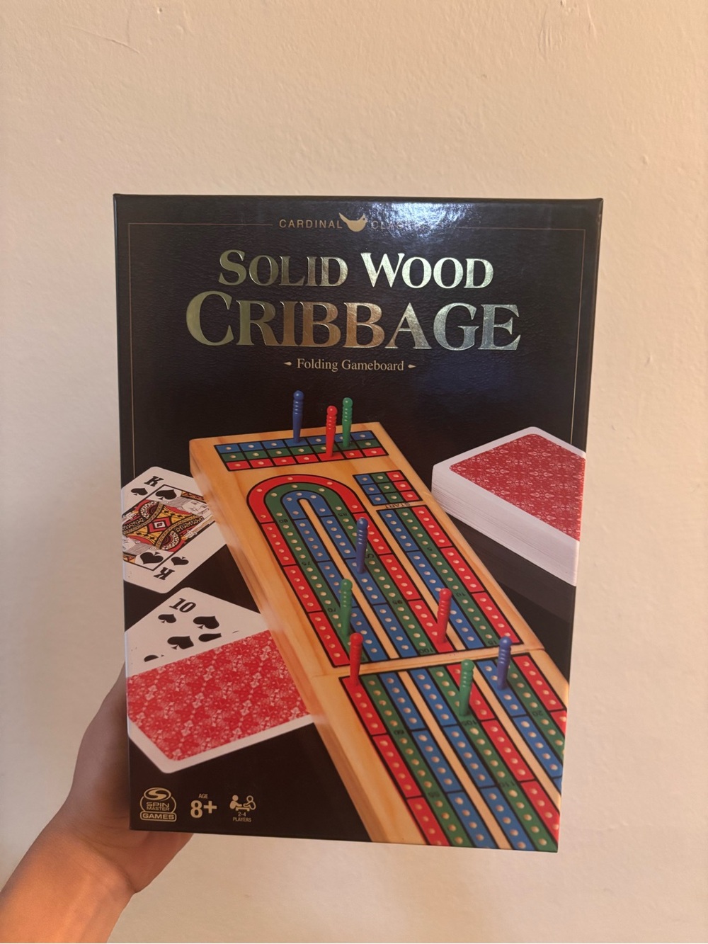 Cardinal Solid Wood Cribbage Board with Red, Blue, and Green Pegs